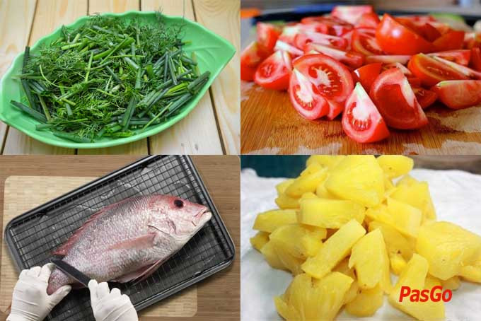 Các nguyên liệu đã sơ chế sẵn sàng cho món canh cá dứa, bao gồm dứa, cà chua, hành, thì là và cá tươi.