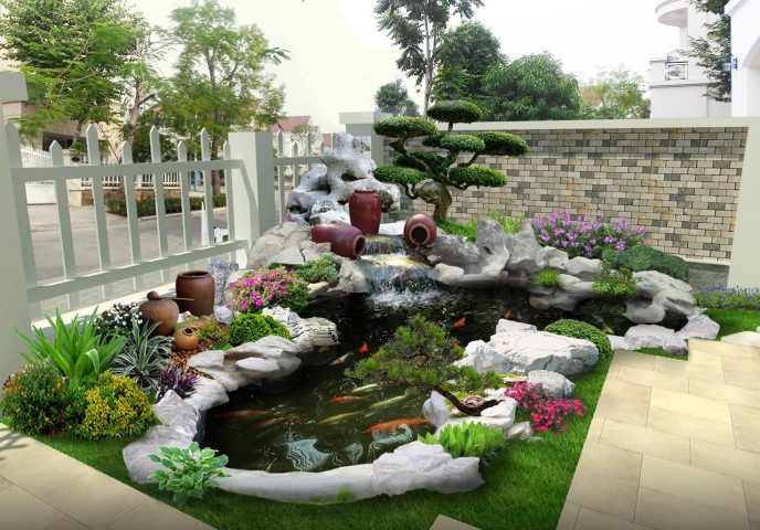 Phác thảo vị trí đặt bể cá cảnh trong không gian sân vườn