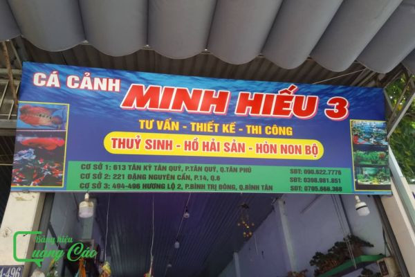 Bảng hiệu cá cảnh Minh Hiếu với font chữ hiện đại, làm nổi bật tên thương hiệu