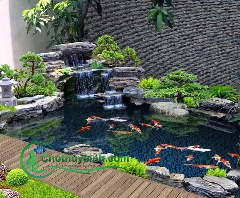 Hồ cá có thiết kế giả thác nước ngoài trời