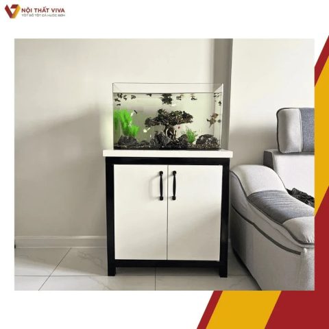 Kệ bể cá cảnh bằng gỗ tự nhiên đặt trong phòng khách